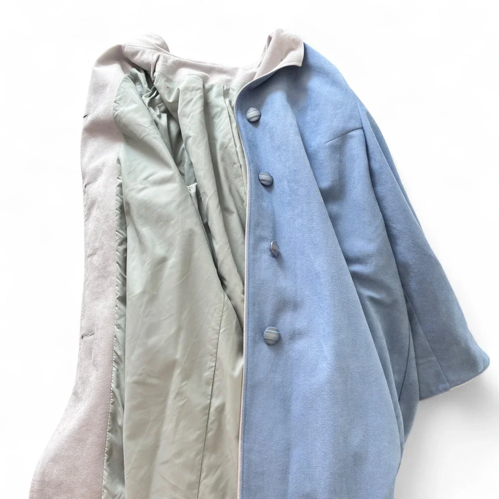Vintage 80s Blue Faux Suede Midi Coat | Retro Soft Girl Coquette Academia Jacket